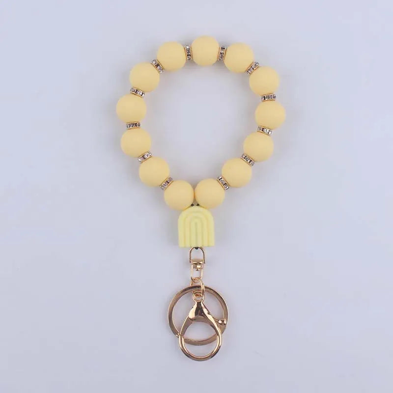 Fashion Food Grade Colorful Rainbow Silicone Bead Keychain For Women Lobster Clasp Bracelet Key Chain Schoolbag Car Key Jewelry