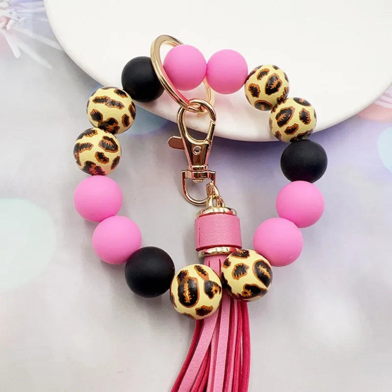 Leopard Print Acrylic Bead Bracelet, with PU Leather Tassels AndKeychain Bag Pendant, Women's Car Wrist Keyring