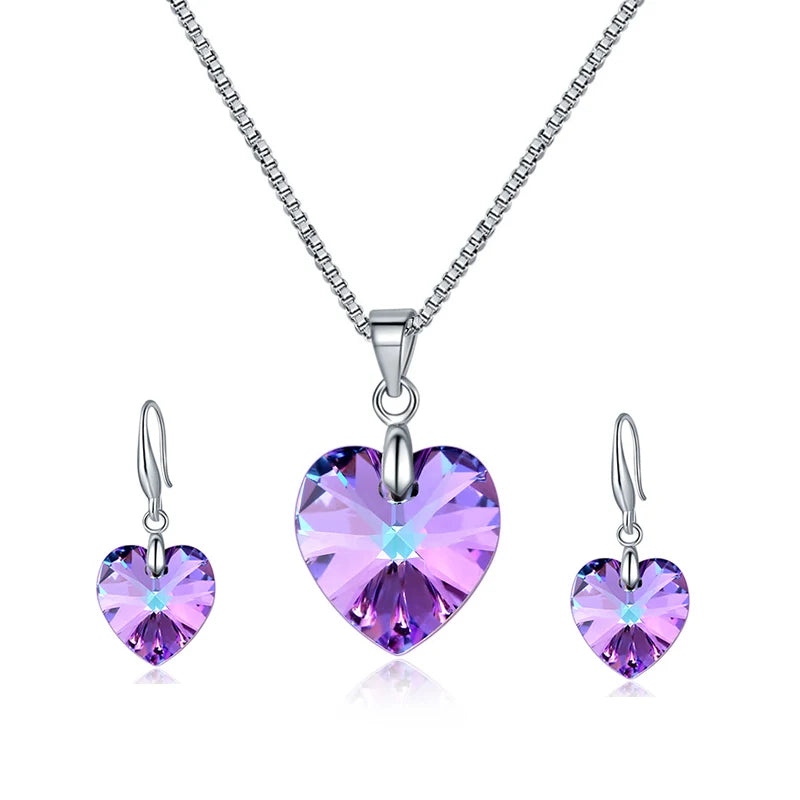 Romantic Heart Jewelry Sets Silver Color Crystals from Austria Pendant Necklace Drop Earrings for Women Wedding Anniversary