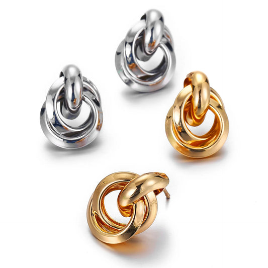 Hemasa Gold Color Metal Two Interlocking Earrings For Woman