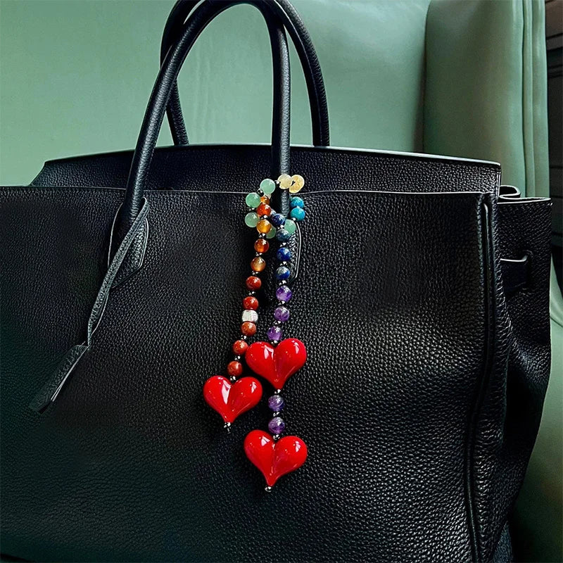 Charming Women Y2K Accesories Love Bead Hanging Chain Big Red Heart Bag Pendant Charms Colorful Beads Chain Fashion Lady Jewelry