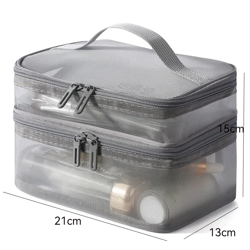 Hemasa Double Layer Mesh Cosmetic Bag  for Women/ Portable Make Up Case Big Capacity Travel Zipper Makeup Organizer Toiletry Storage Box