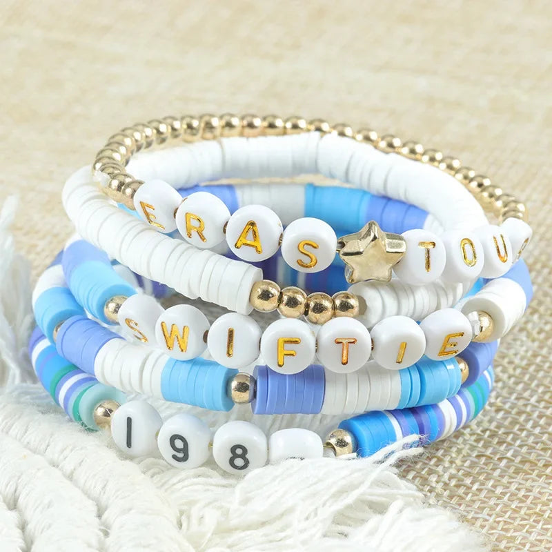 Hemasa  5pcs/set Multilayered Colorful   Bracelet Set Letter Bead Elastic Bracelets