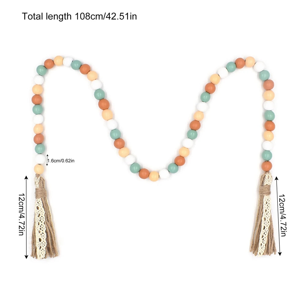 Wooden Bead Garland with Tassels Rustic Country Farmhouse Home Holiday Christmas Tree Garland Tray Wall Hanging Photo Props
