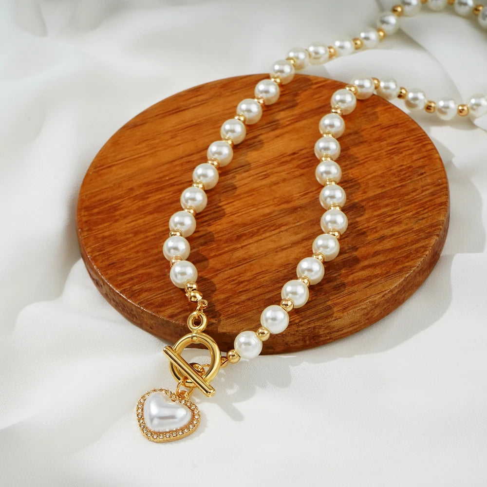 Hemasa Heart Pendant Round Pearl Golden Bead Chain Necklace for Women