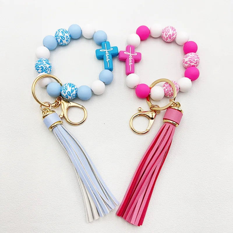 Amazon Hot sell Creative Silicone Beads Hand Stream Wood Big Bead Wrist cross leopard Key Chain bag Pendant Bracelet Keychain