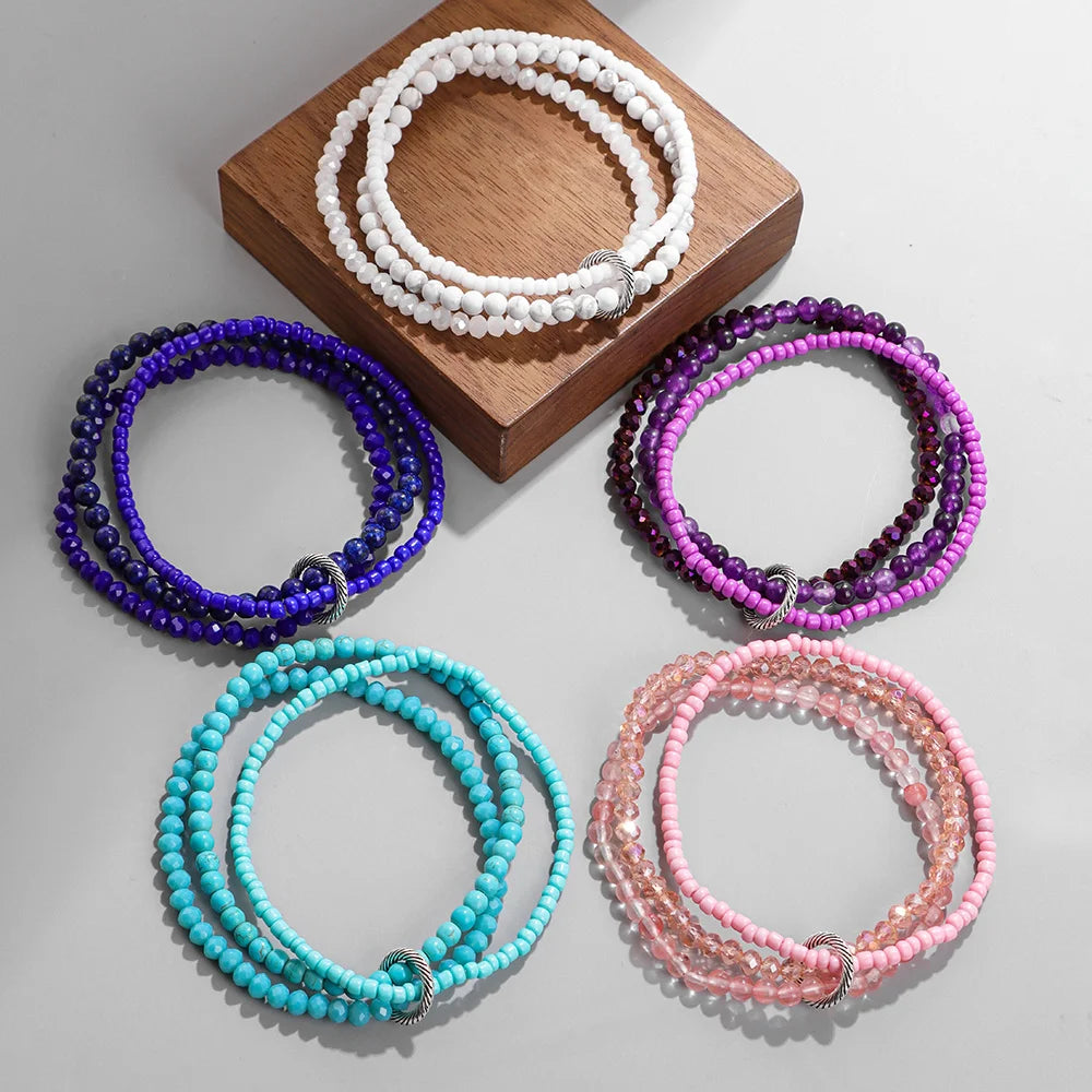 3Pcs/Set Colorful Glass Beaded Bracelet 4mm Howlite Crystal Beads Charm Bracelets Bangles for Women Friendship Jewelry Gift