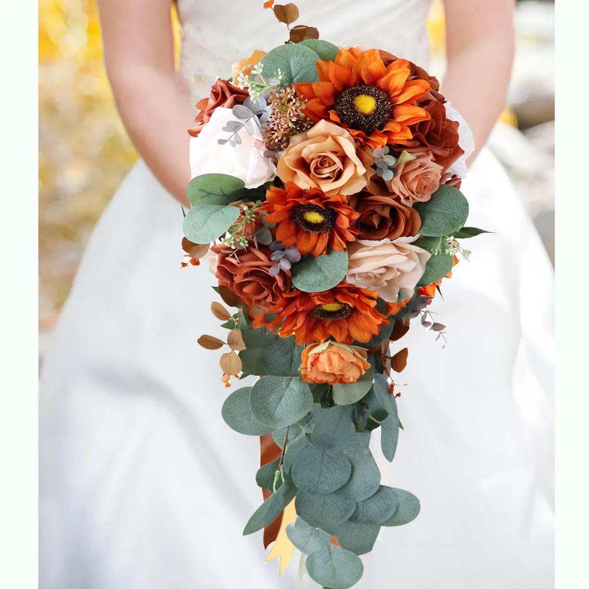 Tejesa Autumn Wedding Bouquet Vintage Terracotta Orange Sunflower Rose Bridal Cascading Bouquets for Fall Wedding Ceremony