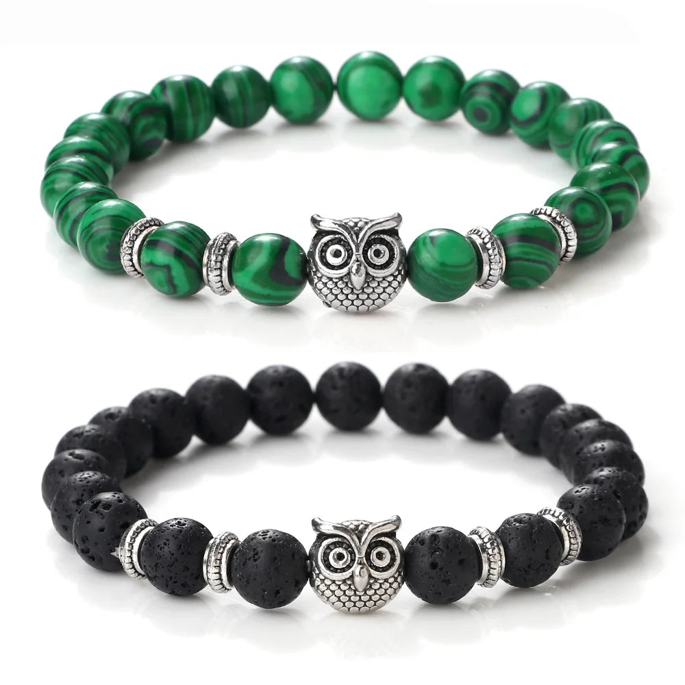Hemasa  Owl Charm with  Natural Lava Stone Malachite Beads Couple Bracelets