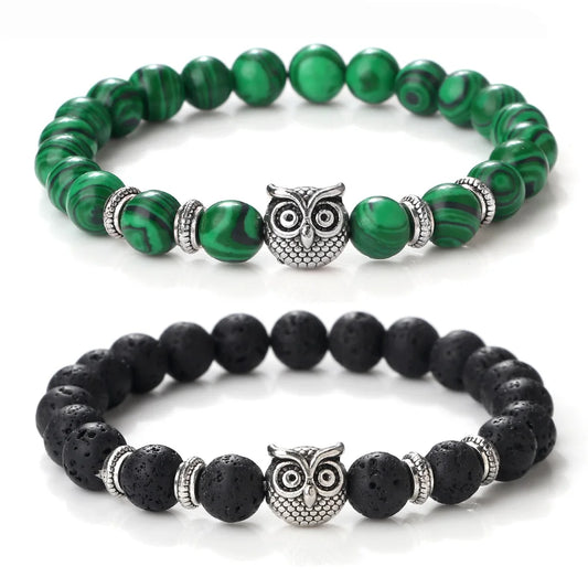 Hemasa  Owl Charm with  Natural Lava Stone Malachite Beads Couple Bracelets