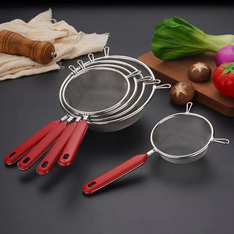 10 Sizes 201 Stainless Steel Strainer Colander Fine Mesh Oil Skimmer PP Red Handle Food Noodles Flour Sieve Frying Scoop