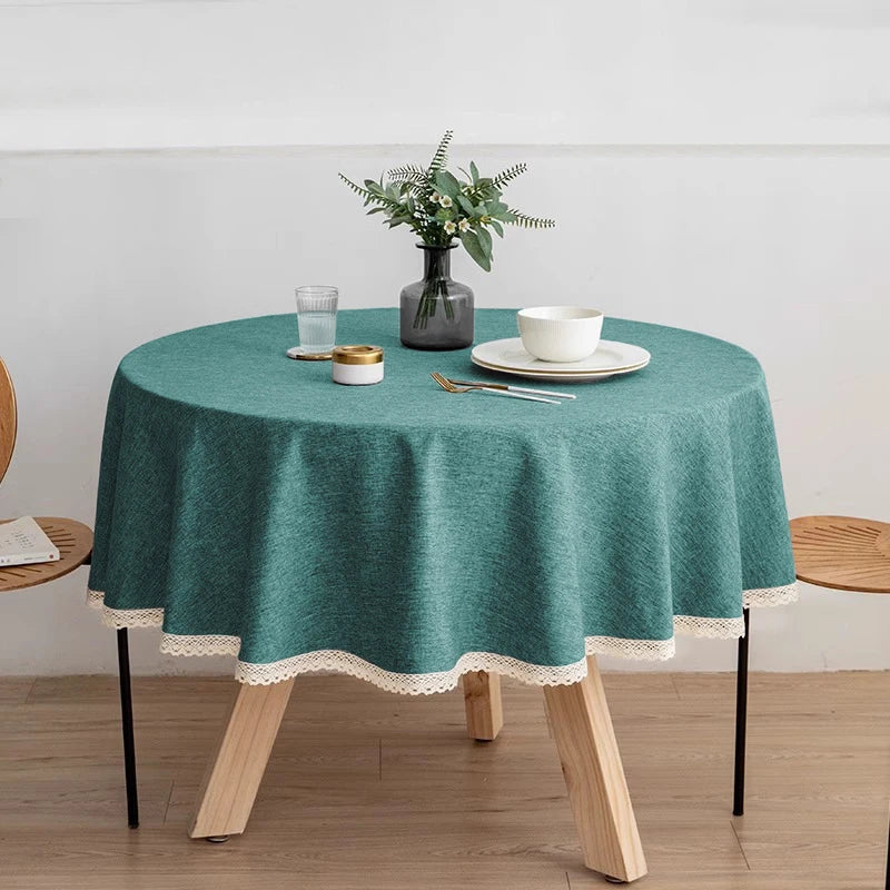 Tejesa Round Solid Color Faux Linen Tablecloth with Lace Trim-Waterproof/Spill Proof/Stain Resistant/Oil Proof-for Banquet,Parties