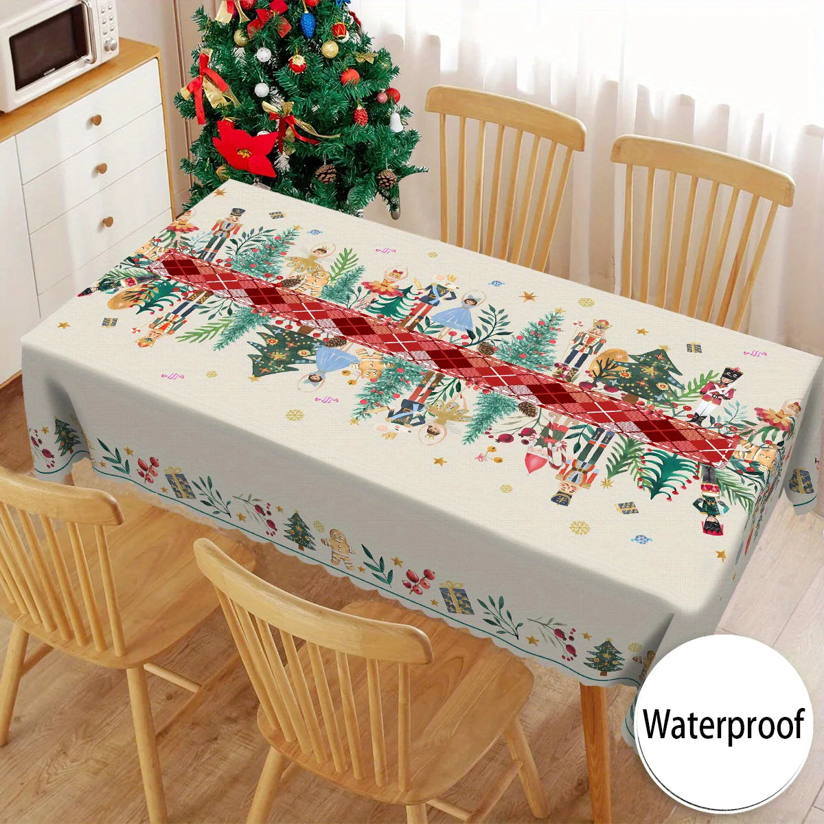 Tejesa Christmas Holly Waterproof Tablecloth Holiday Party Decor Reusable Xmas Rectangle Table Cloth Dining Room Table Decor