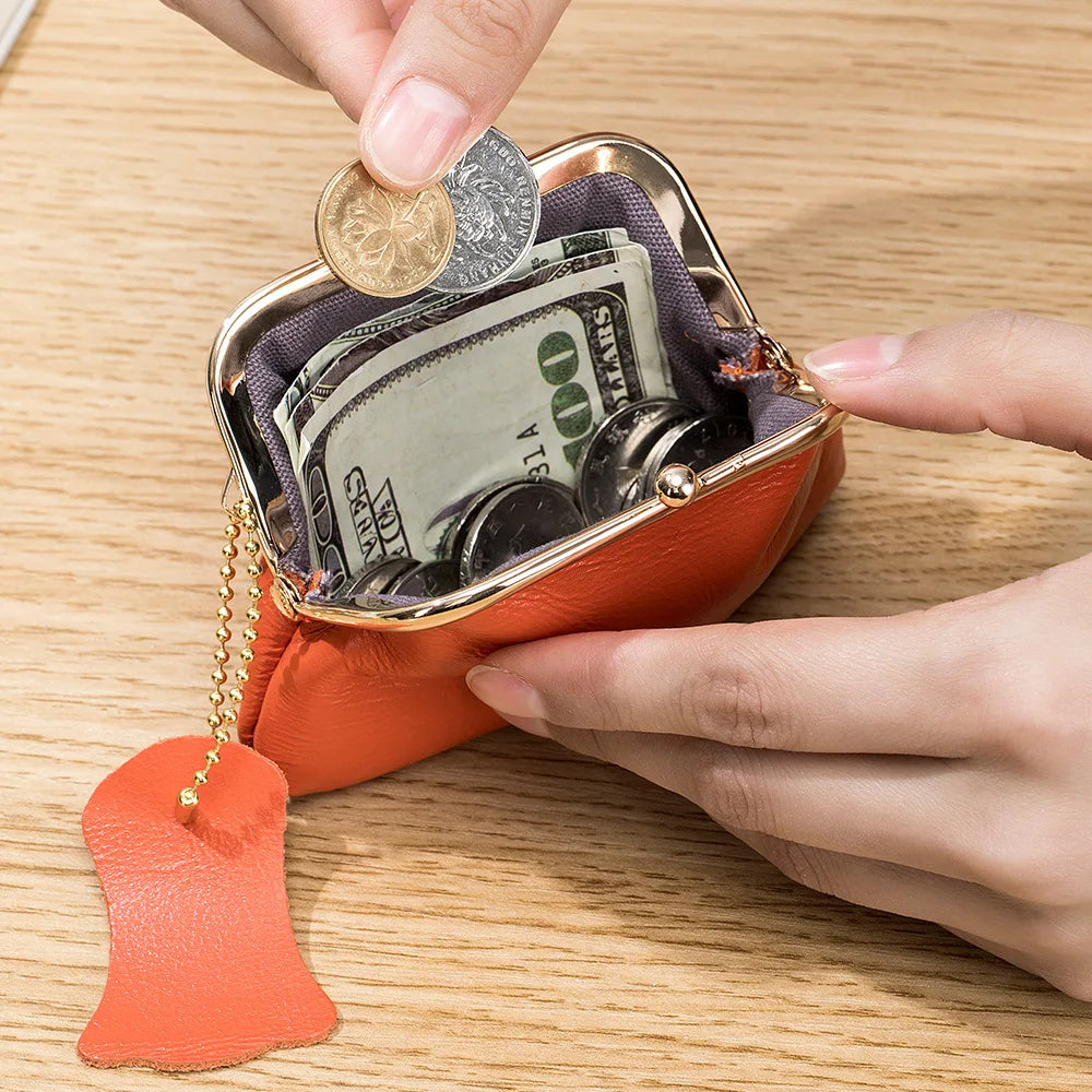 Genuine Leather Coin Purse Women Vintage Handmade Wallet Small Mini Access Card Holder Key Bag Case Metal Clips Change Purses