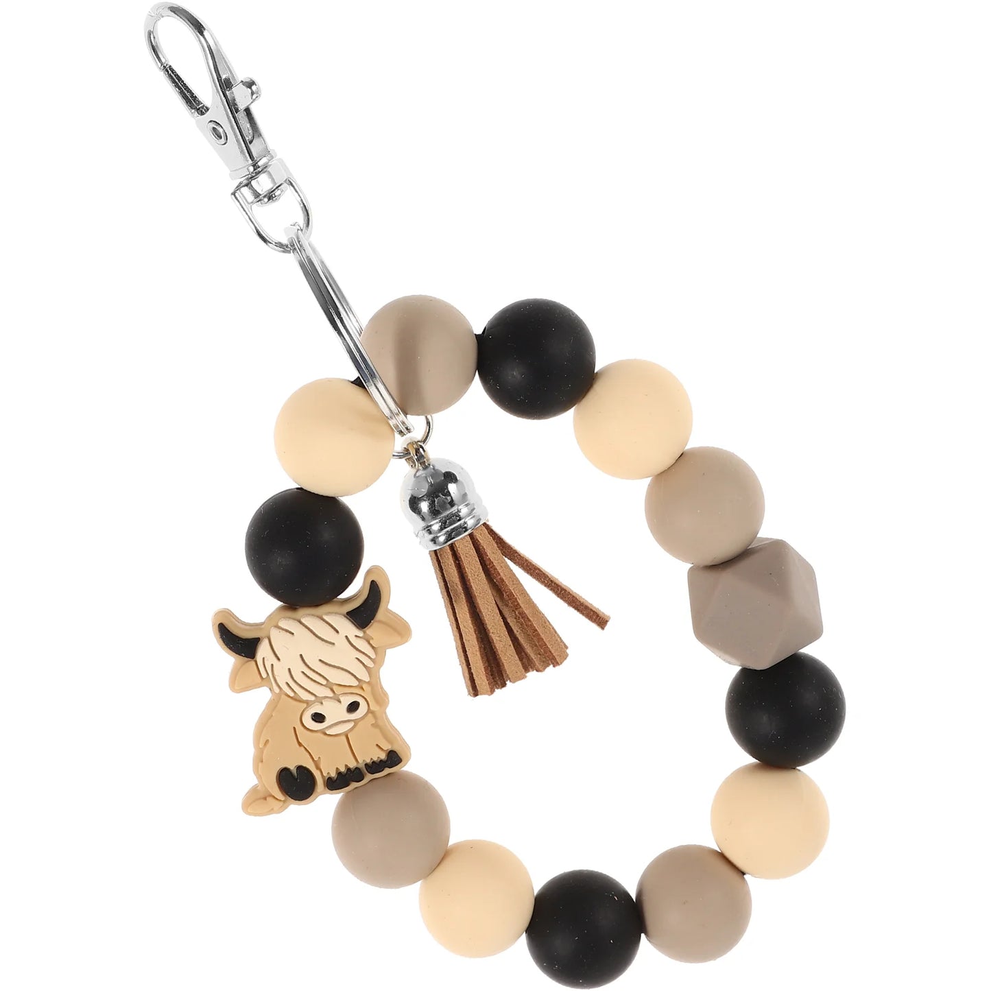 Highland Cow Keychain Silicone Bracelet Beaded Keyring Wristlet Wristbands Multi-function