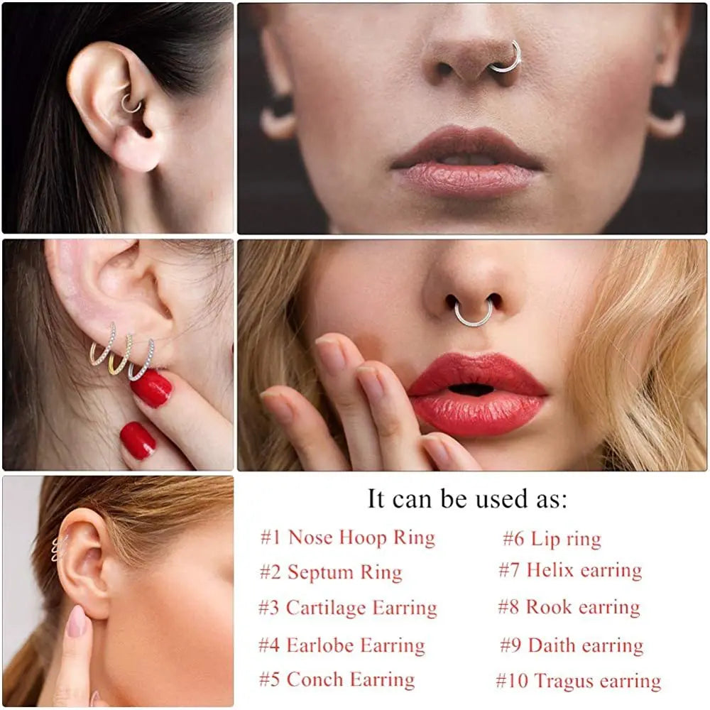 1PC Piercing Jewelry Nose Ring Hinge Clicker Nose Septum Stainless Steel Piercing Daith Helix Cartilage Earring Rook Hoop CZ 16G