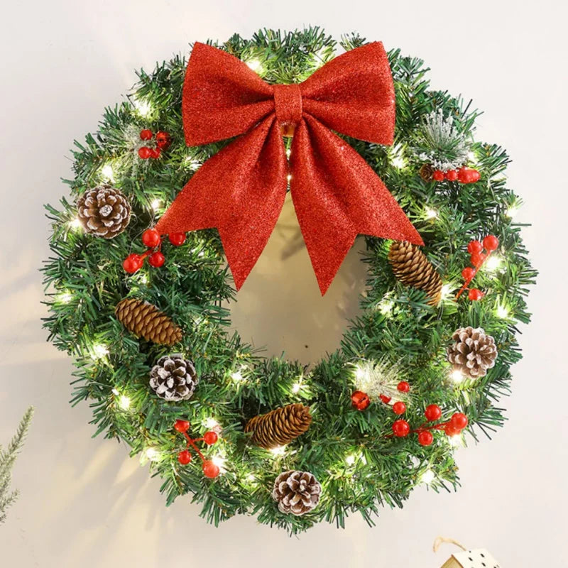 40/50/60cm LED Lights Rattan Vine Pine Cone Christmas Wreath New Year Xmas Garlands for Door Windows Wall Hanging Decor