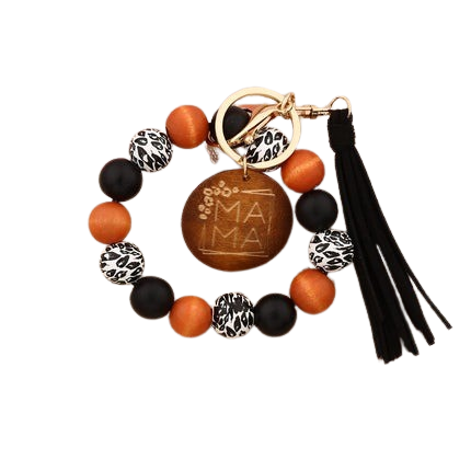 Hemasa Silicon Beads MAMA Monogram Wood Blank Wooden Disc Bracelet Tassel Keychain Wristlet Gift for Her Key Ring