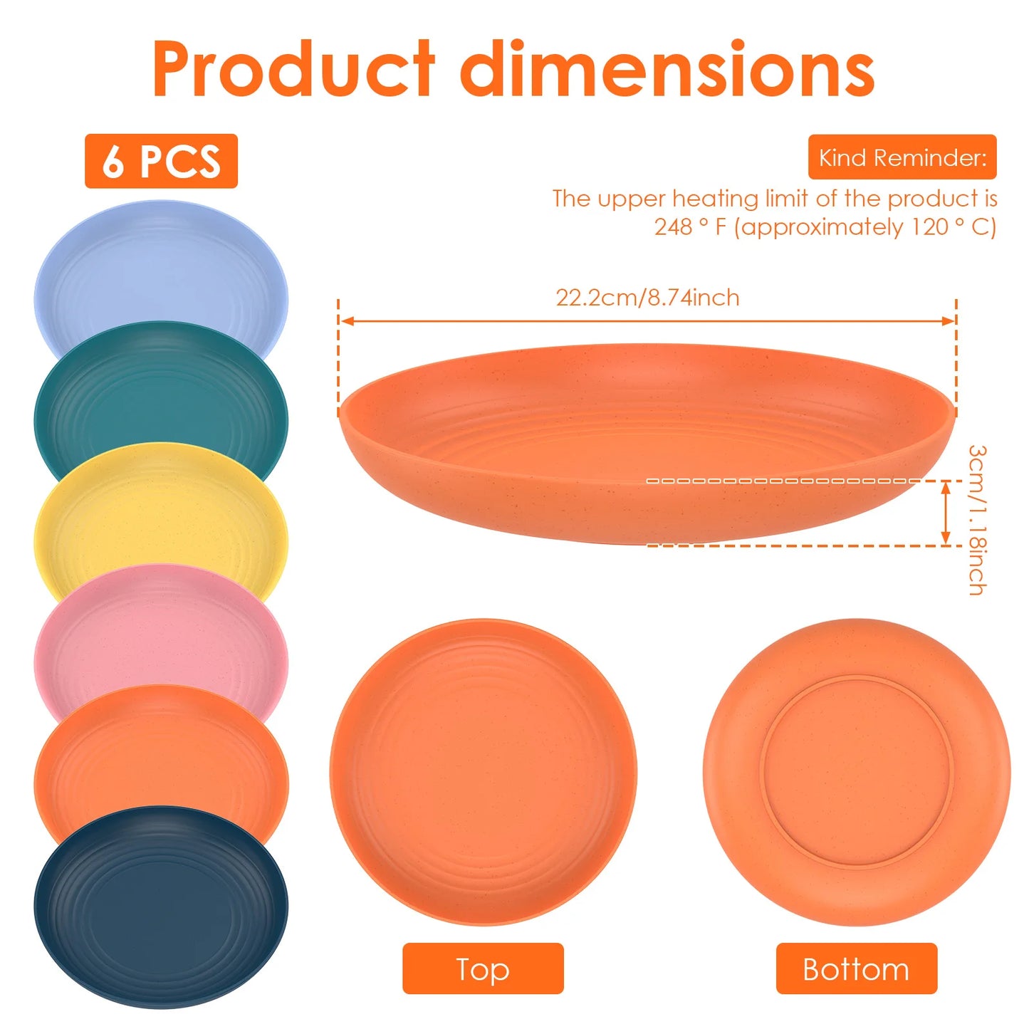 Tejesa 6Pcs Circular Dining Plate 8.74 Inch Plastic Dinner Plate Microwave and Dishwasher Safe Dish Food Pan for Kitchen Picnic Tray