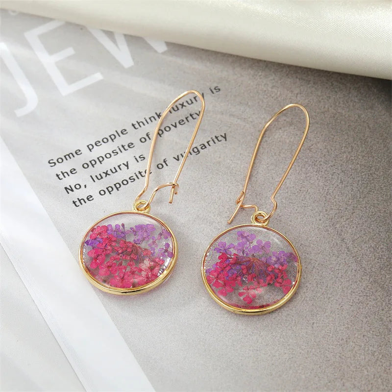 Colorful Flower Hoop Earrings Women Natural Pressed Flower Dangle Earrings Unique Design Boho Style Statement Jewelry Wholeslae