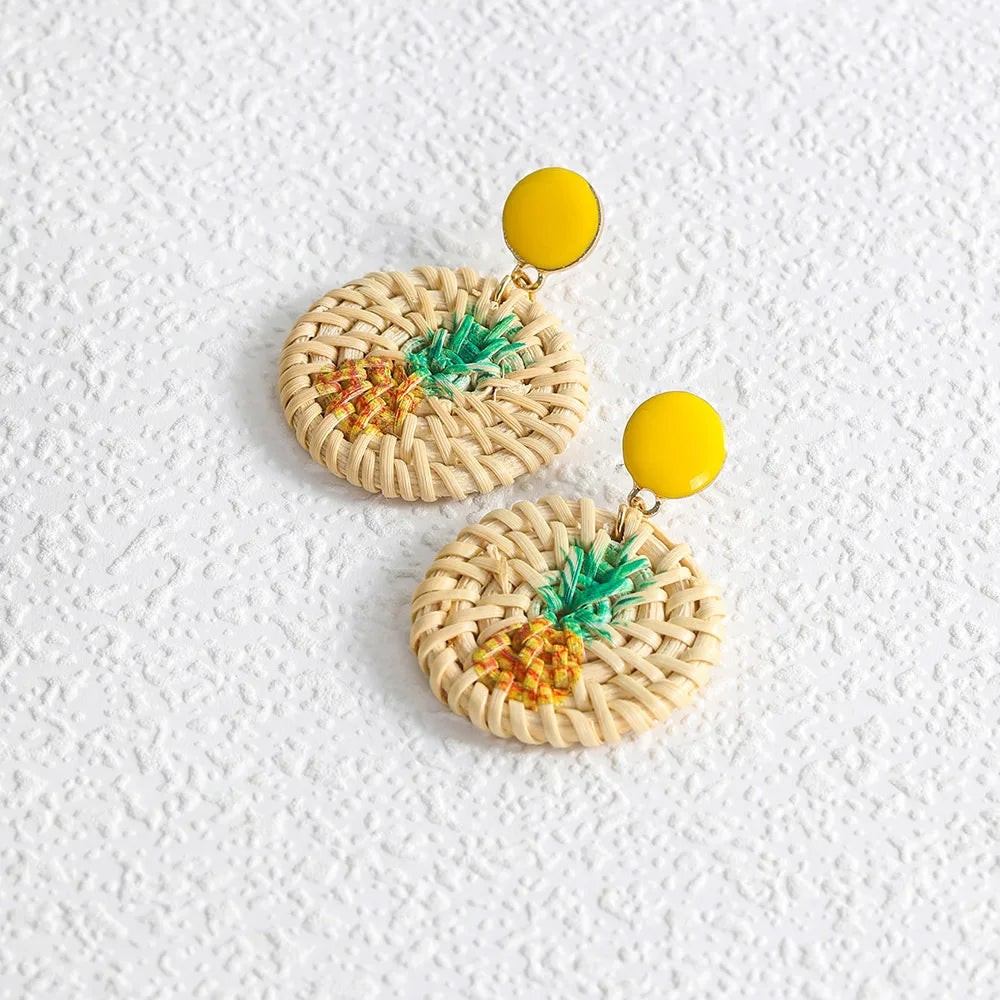 Lost Lady Handmade Straw Rattan Earrings For Women Fashion Pineapple Flamingo Print Earrings Fashion Jewelry Wholesale Outlet