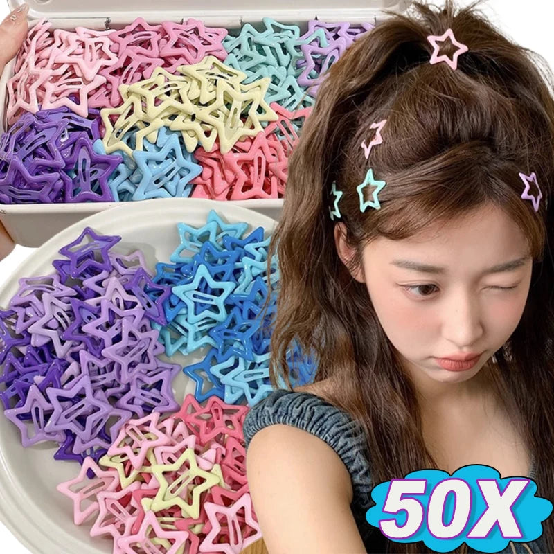 10-50pcs Colorful Korean Star Barrettes Y2K Sweet Girls BB Solid Star Hairclips Metal Snap Clip Headdress Hair Jewelry Clips