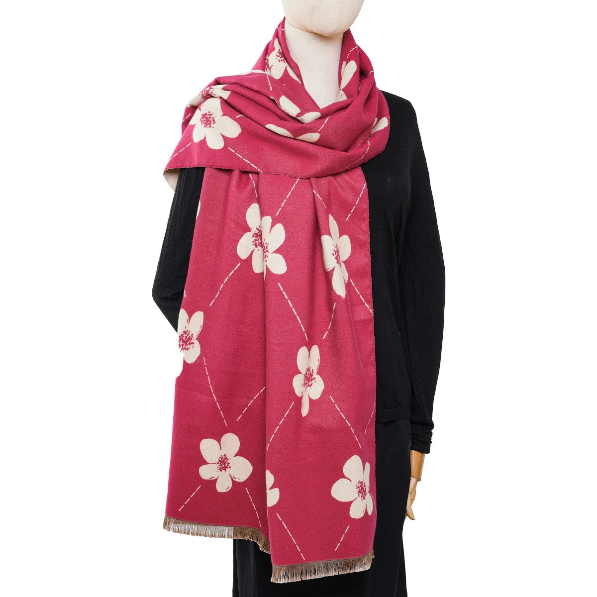 Hot selling imitation cashmere face dual color flower jacquard pashmina long style soft and warm casual short beard scarf shawl