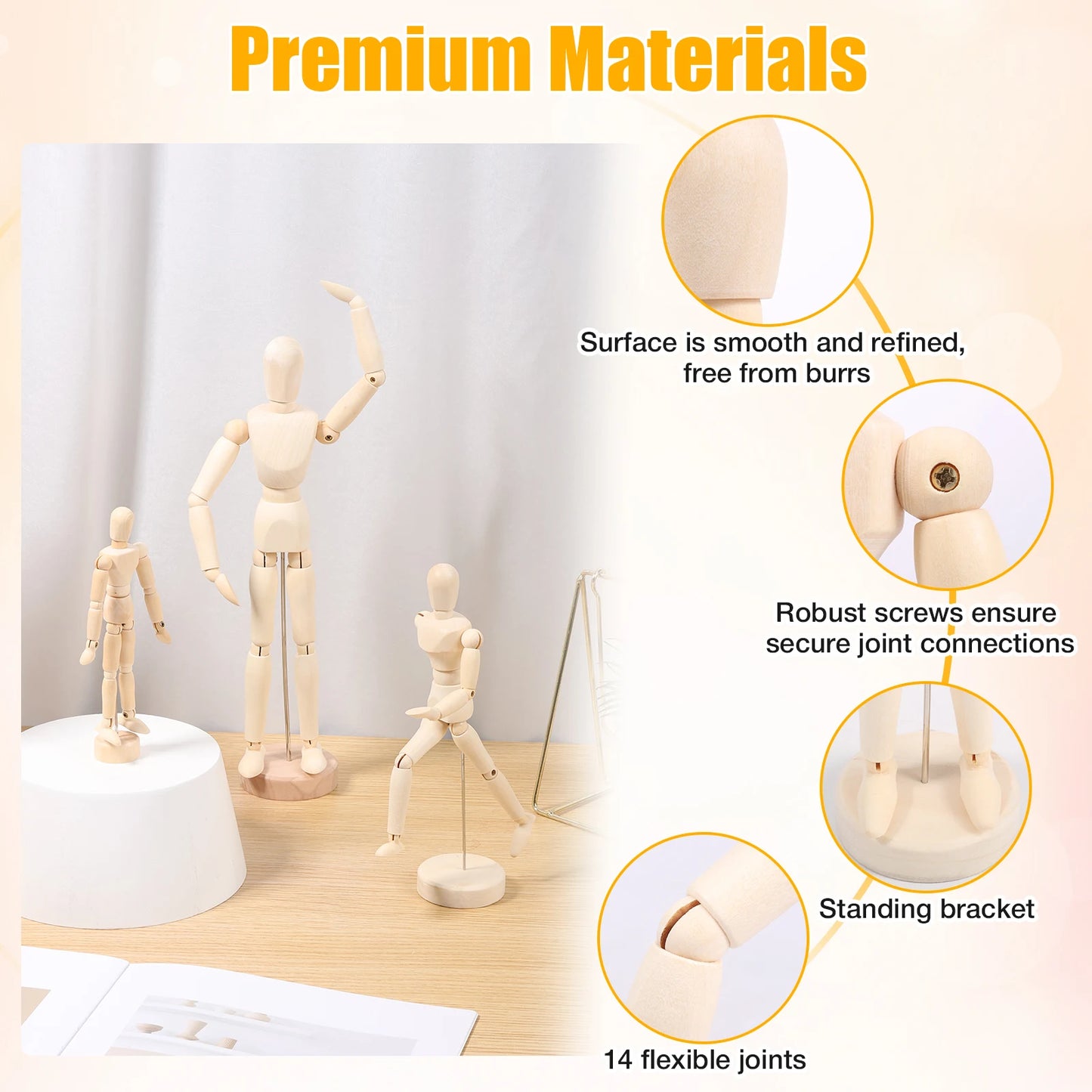 3Pcs Mannequin Doll Ornament 5.5/8/12inch Wooden Manikin with Flexible Joints for Home Office Decora Sketching Drawing Painting