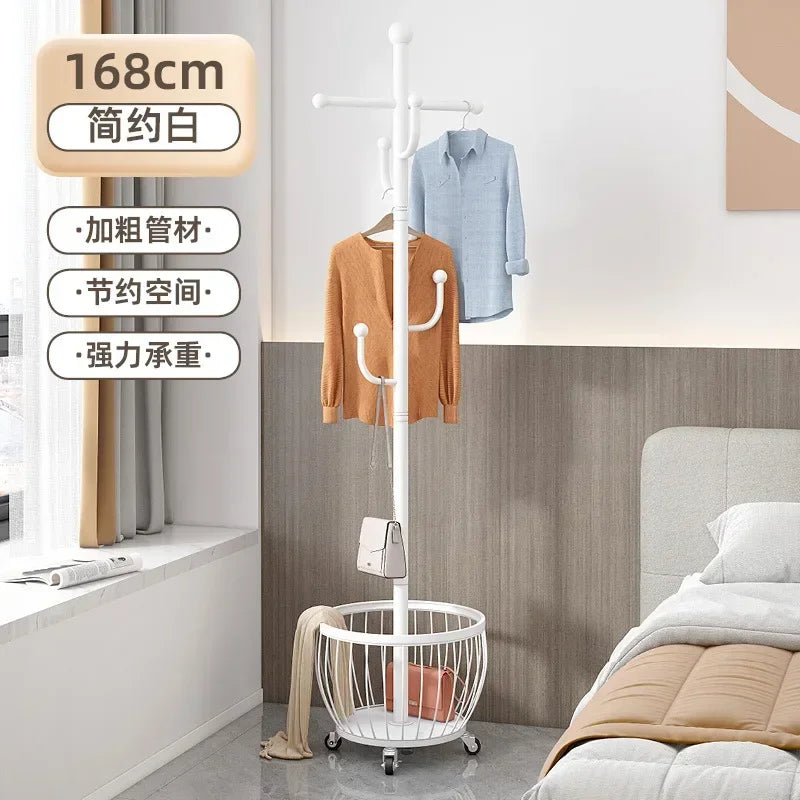 Standing Coat Rack with Basket, Entryway Coat Hanger Stand, Mobile Clothes Storage Rack with Wheels, Hallway