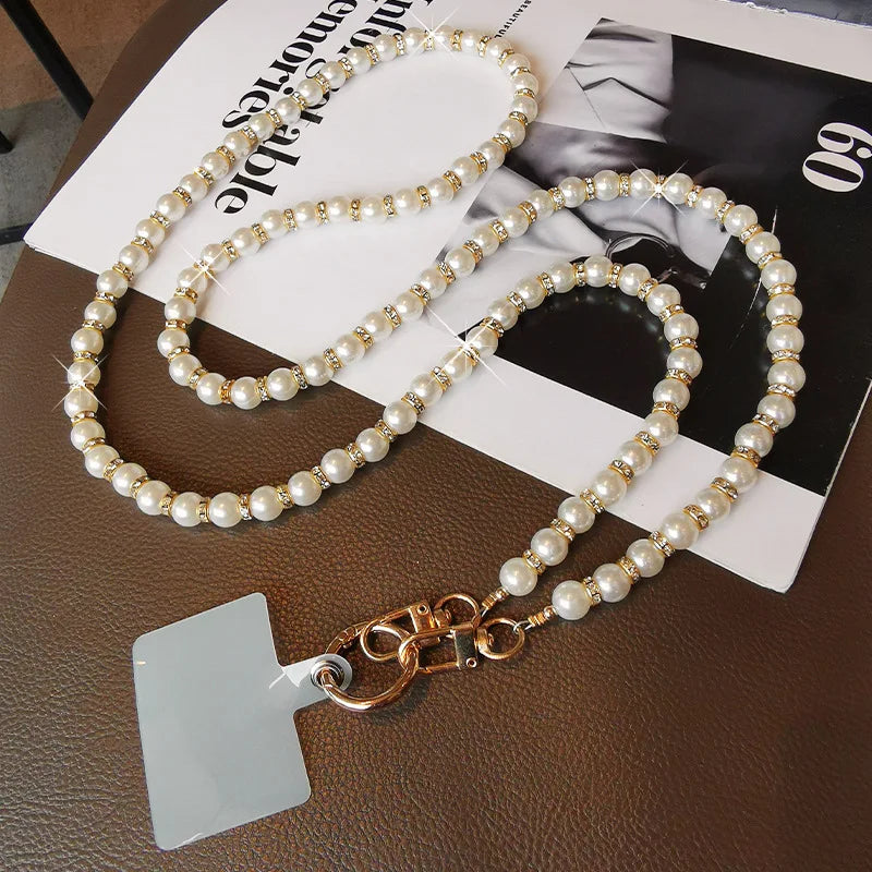 Long Pearl Phone Lanyard Handmade Bead Chain Single Shoulder Diagonal Cross Anti Drop Strap With Rhinestones For All Phone Cases