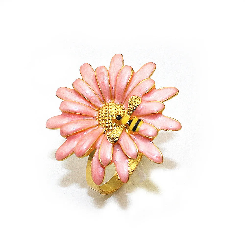 Hemasa 6Pcs Flower Bee Napkin Rings /Metal Daisy Flower Napkin Rings
