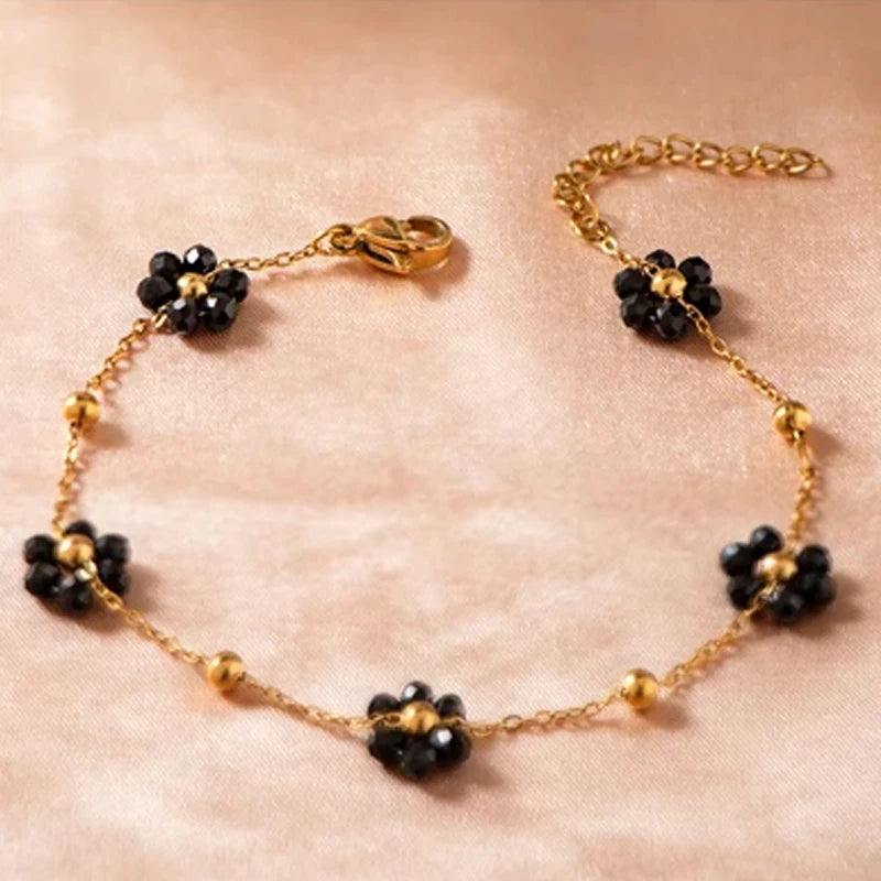 Sweet Multicolor Small Flower Charm Bracelet For Women Korean Summer Flower Gold Chain Small Gold Color Ball Adjustable Bracelet
