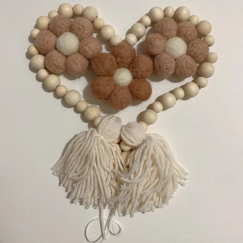 INS Wool Felt Flower Wooden Beads Garland Tassel String Bohemian Baby Kids Room Wall Hanging Ornaments Nursery Decor Photo Props
