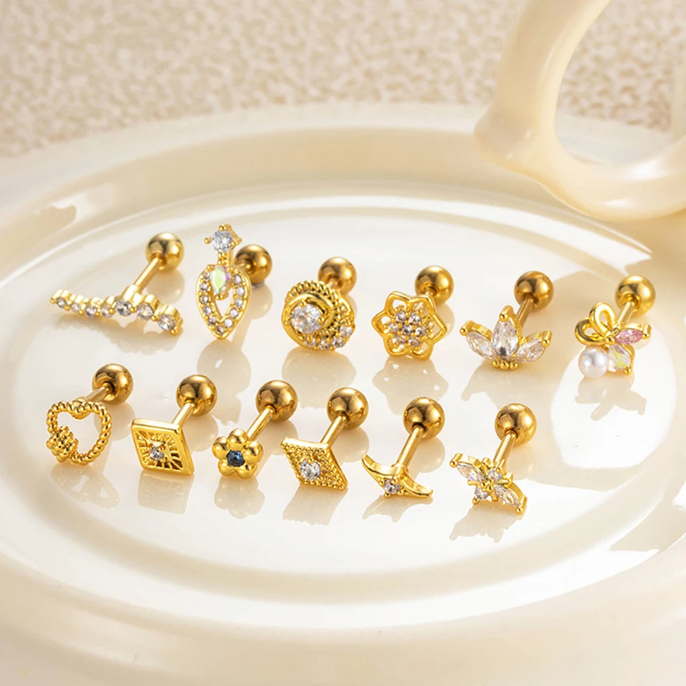 Tejesa  Gold Color  Stainless Steel Copper  Rhinestone Triangle Lotus Zirconia Stud Earrings For Women