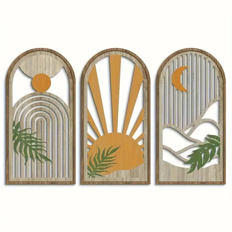 Hemasa 3pcs Wooden Wall Art Boho Modern Decor Hollow Crafted with Vases Plants & Banana Leaves for Home Office