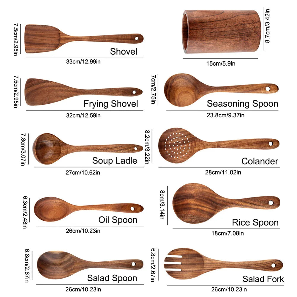 Hemasa Thailand Teak Natural Wood Tableware Spoon Ladle Turner Long Rice Colander Soup Skimmer Cooking Spoons Scoop Kitchen Tool Set