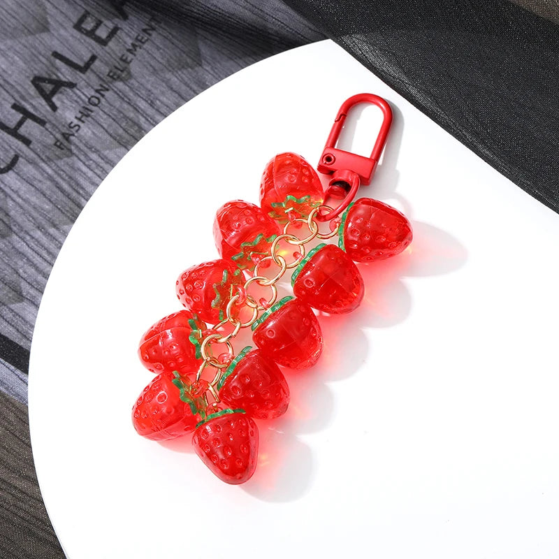 Hemasa 1PC Strawberry Cherry Red Beads Keychain Keyring For Women Girl Friend Simulated Fruit Bag Car Key Holder Airpods Box Jewelry
