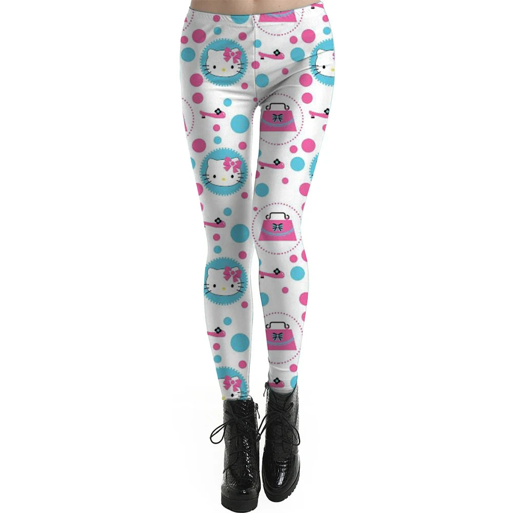 Fashion Women Leggings Beautiful Kuromi Hello Kitty print High Waist Jeggings Stretch Pant Sexy Hot Sale Clothing Mujer ﻿
