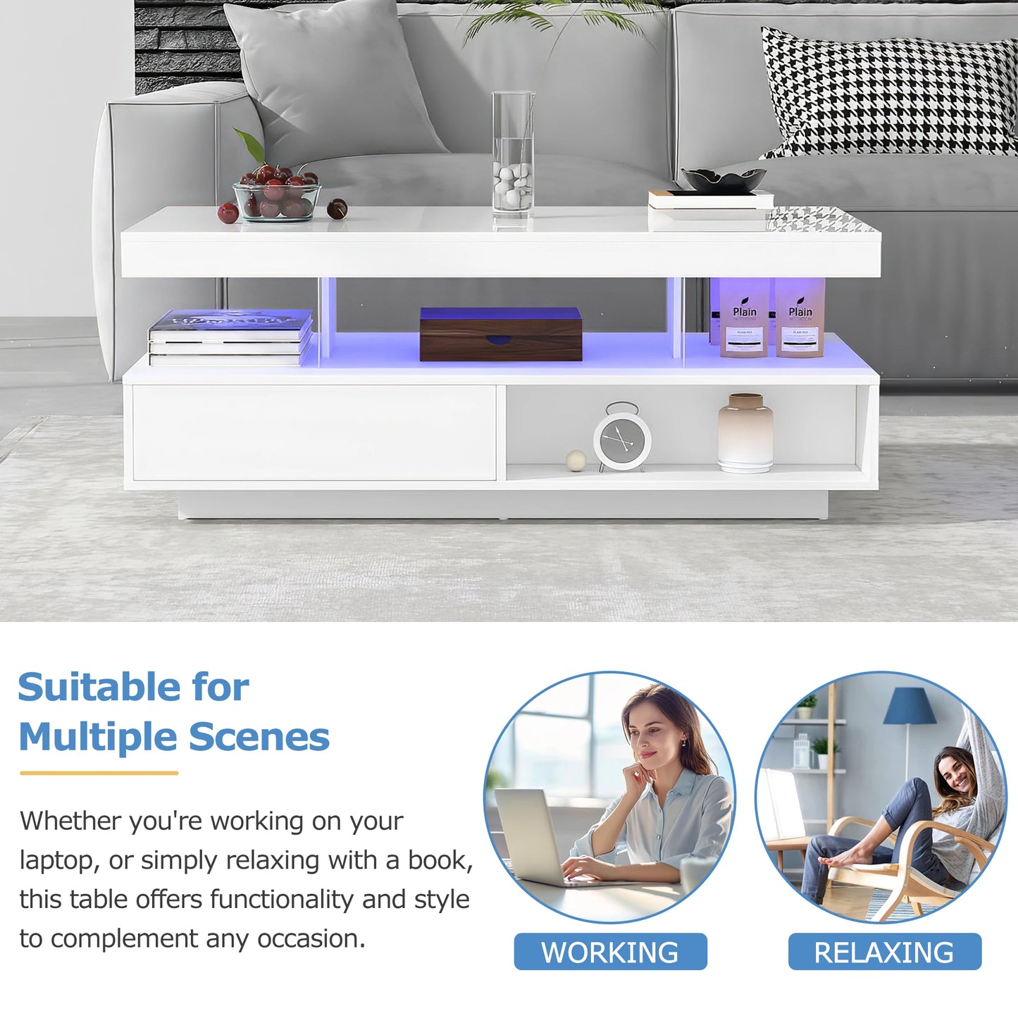 Led Coffee Table with 2 Drawer Storage, High Gloss Coffee Table Centre Table 16-Color Led Lights,End Table for Home Office