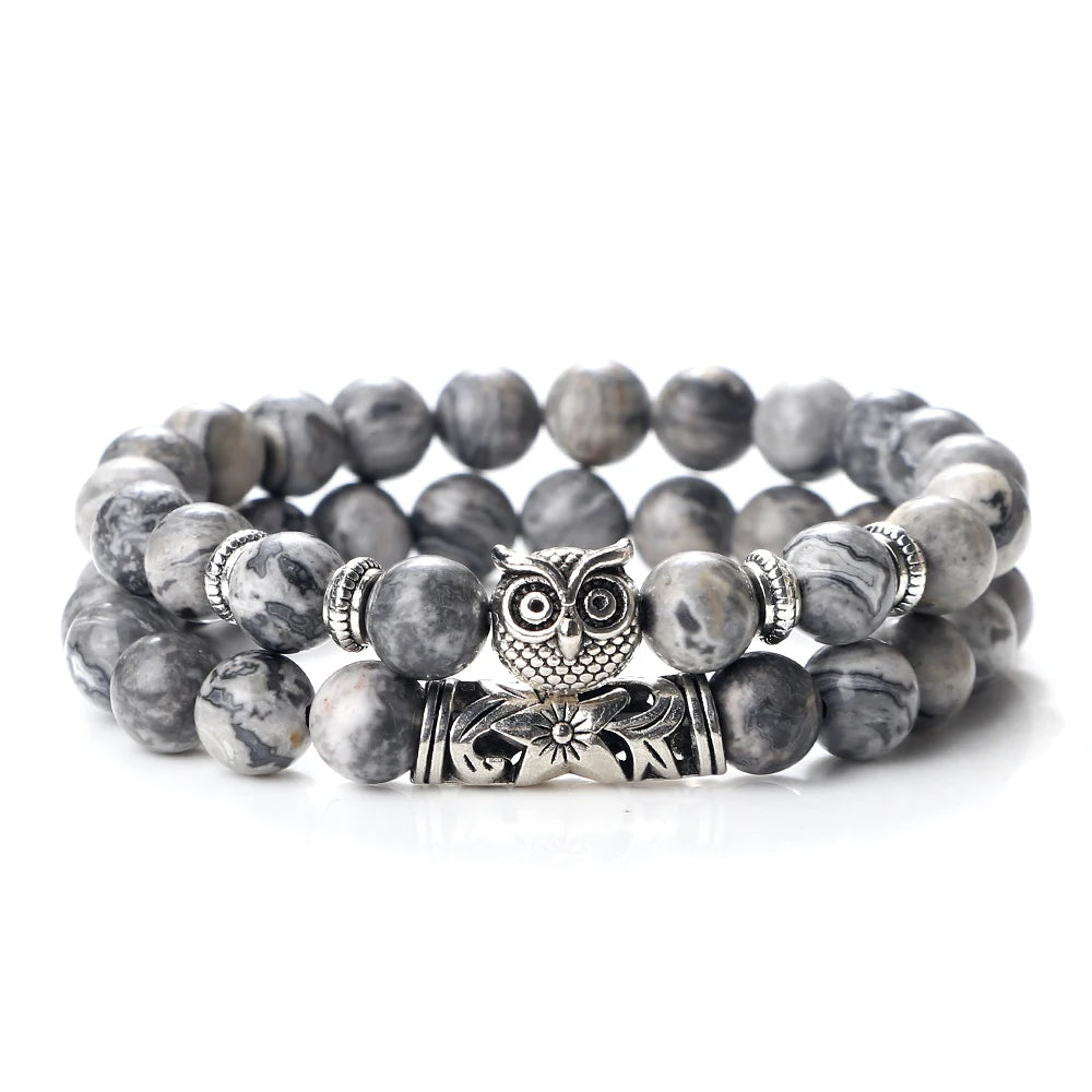 Hemasa  Natural Stone Beads Bracelet  /   Owl Beads   Bracelet /Black Lava Onyx Beads Charm Bracelets