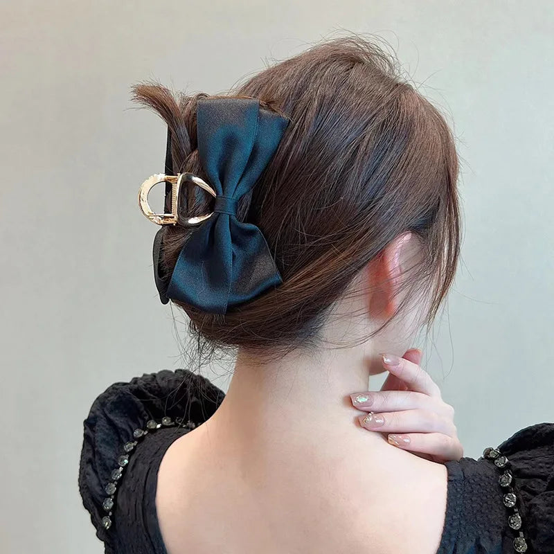 Hemasa Black Satin Bow Clip Women’s  Summer Headwear  Temperament Hair Clip Back of the Head Shark Clip
