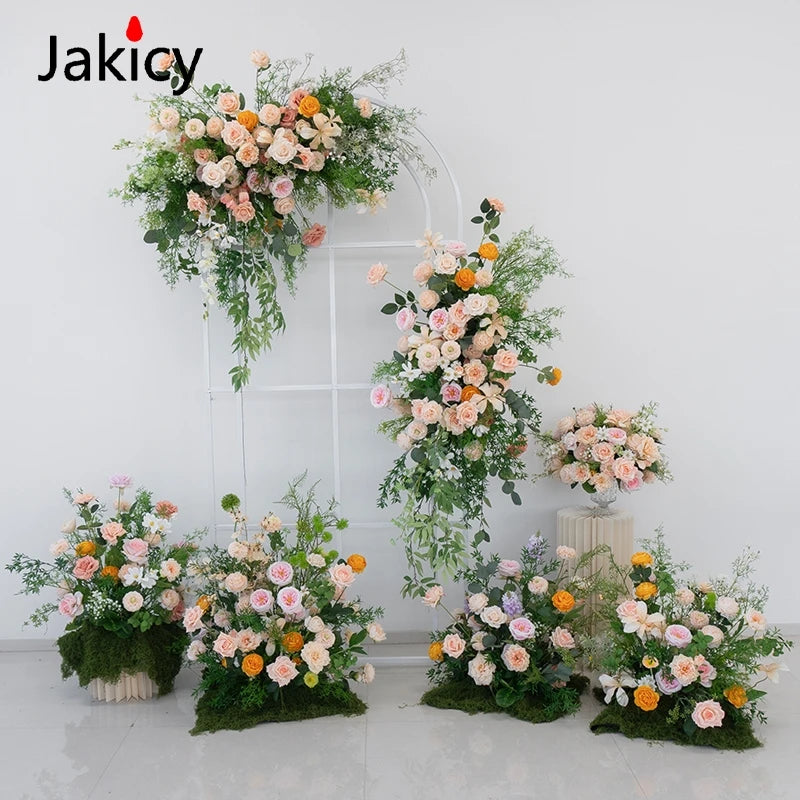 Luxury Champagne Rose Peony Green Leaf Table Runner Floral Event Road Lead Floor Flower Wedding Arch Deco Flower Row Arrangement