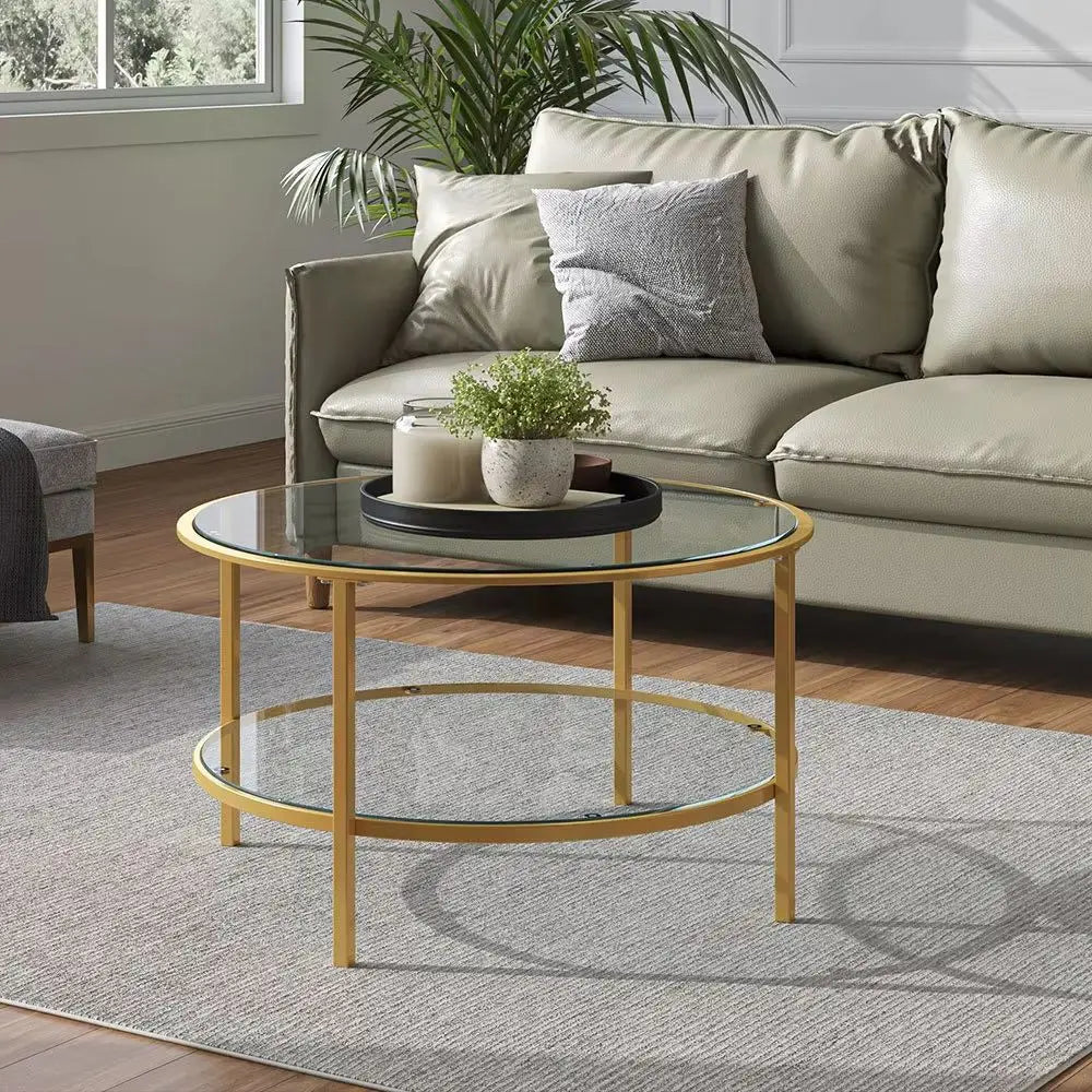 2 Tier Round Glass Coffee Table Side Table Gold Frame