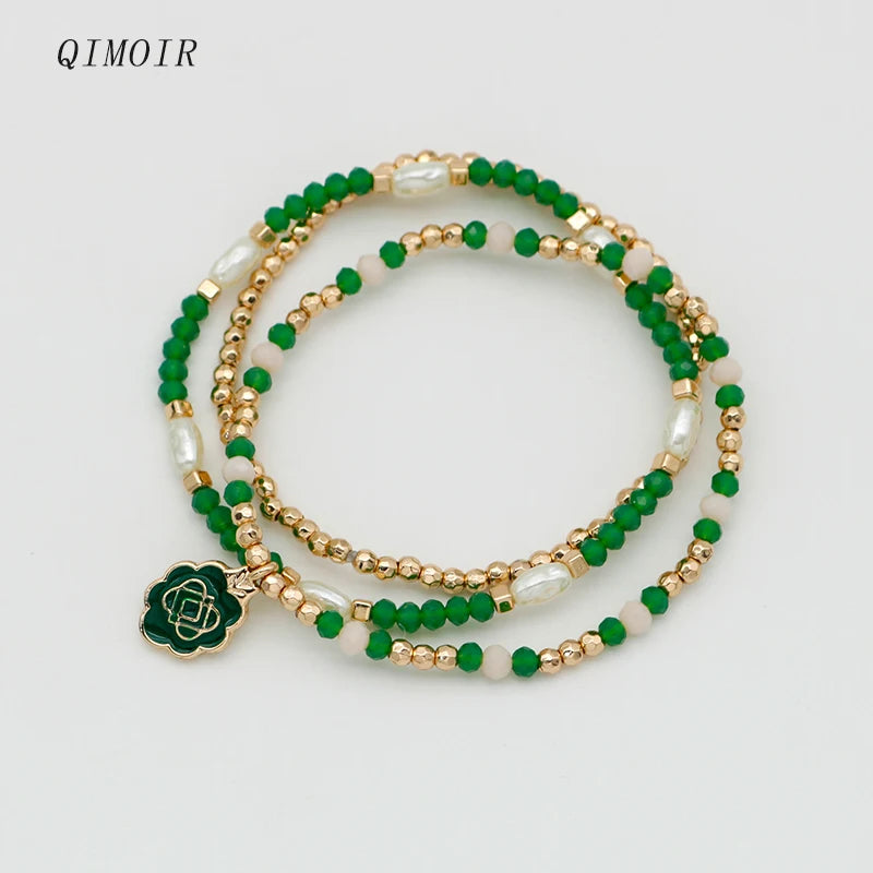 Green Beads Bracelets Set For Women Three Elastic Enamel Charm Fashion Item Cream Mixed Imitation Pearl Jewelry Party Gift C1075