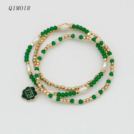 Green Beads Bracelets Set For Women Three Elastic Enamel Charm Fashion Item Cream Mixed Imitation Pearl Jewelry Party Gift C1075
