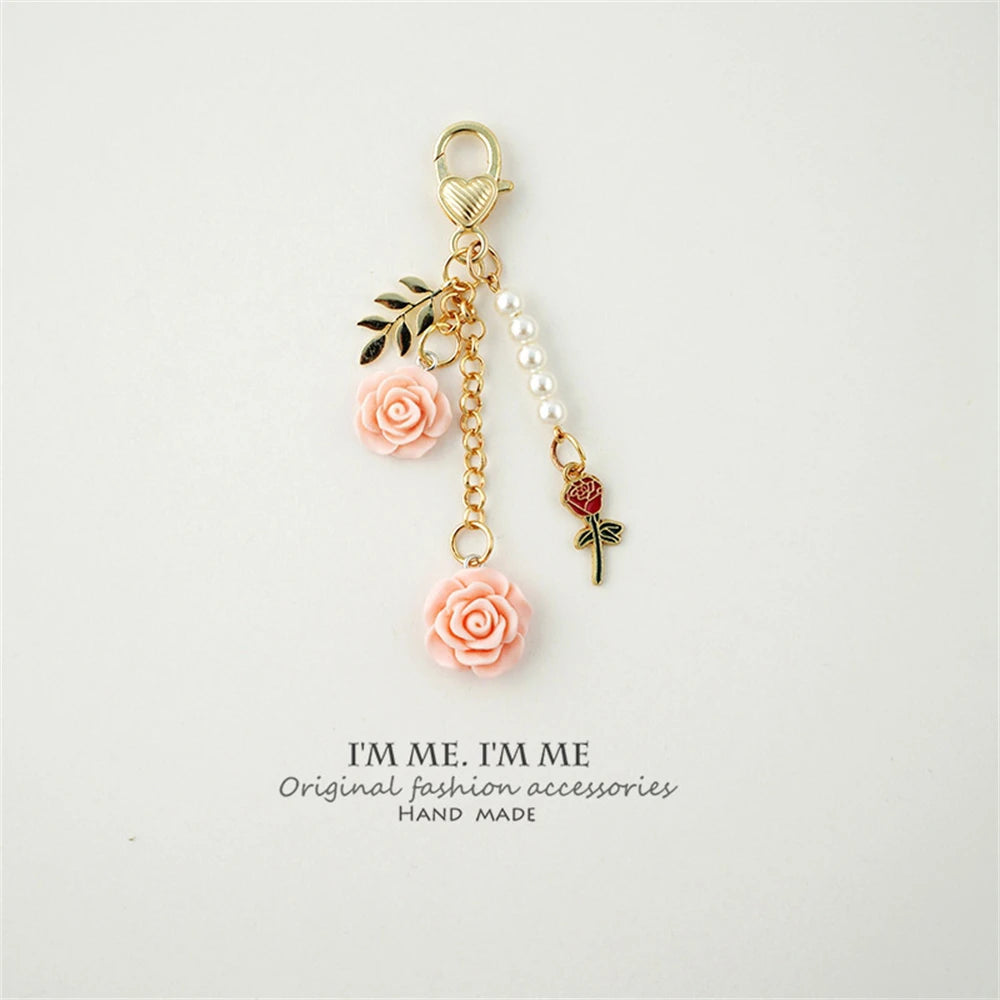 Fashion Imitation Pearl Flower Keychain Cute Sakura Rose Plush Ball Keyring for Women Girls Car Handbag Phone Pendant Accessorie