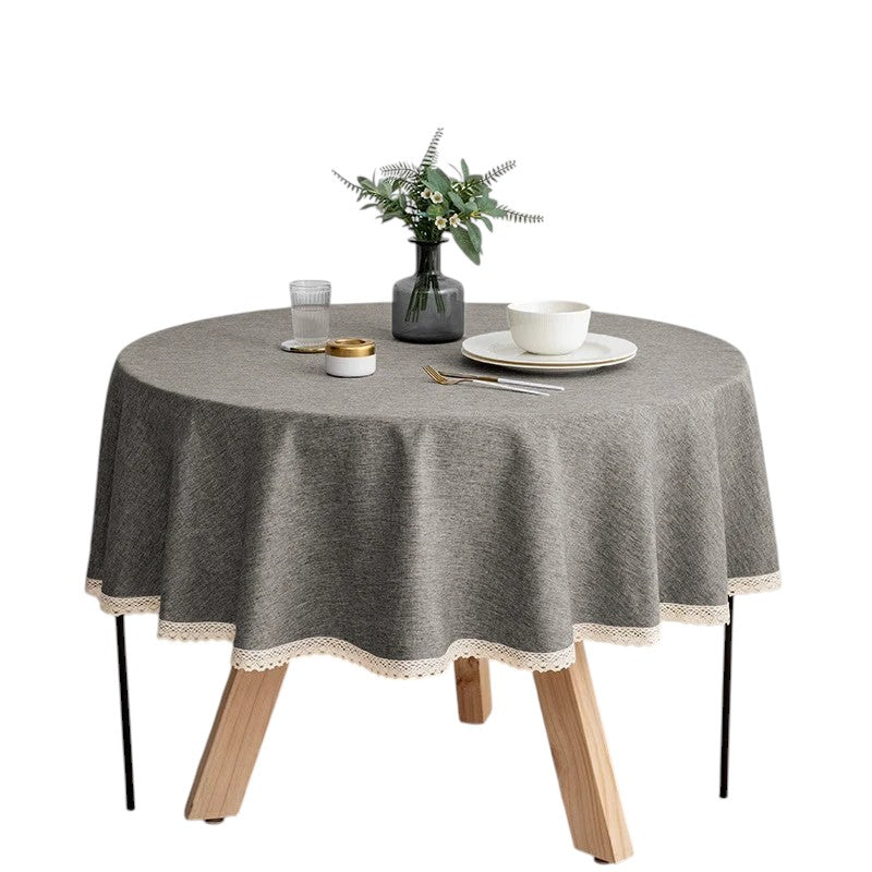 Tejesa Round Solid Color Faux Linen Tablecloth with Lace Trim-Waterproof/Spill Proof/Stain Resistant/Oil Proof-for Banquet,Parties