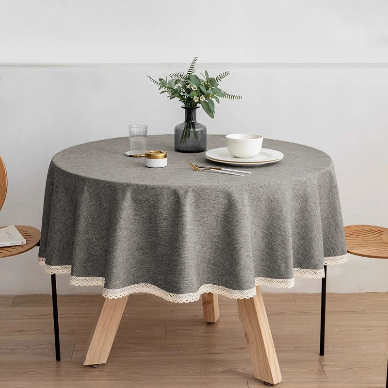 Tejesa Round Solid Color Faux Linen Tablecloth with Lace Trim-Waterproof/Spill Proof/Stain Resistant/Oil Proof-for Banquet,Parties
