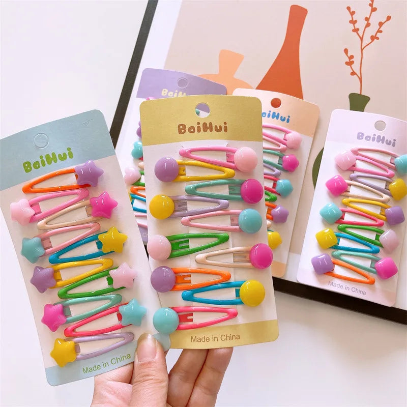 Hemasa 10pcs/set Cute Colorful snap hair clips for girls heart hairclip baby kawaii star clips princess hair pins kids hair accesories