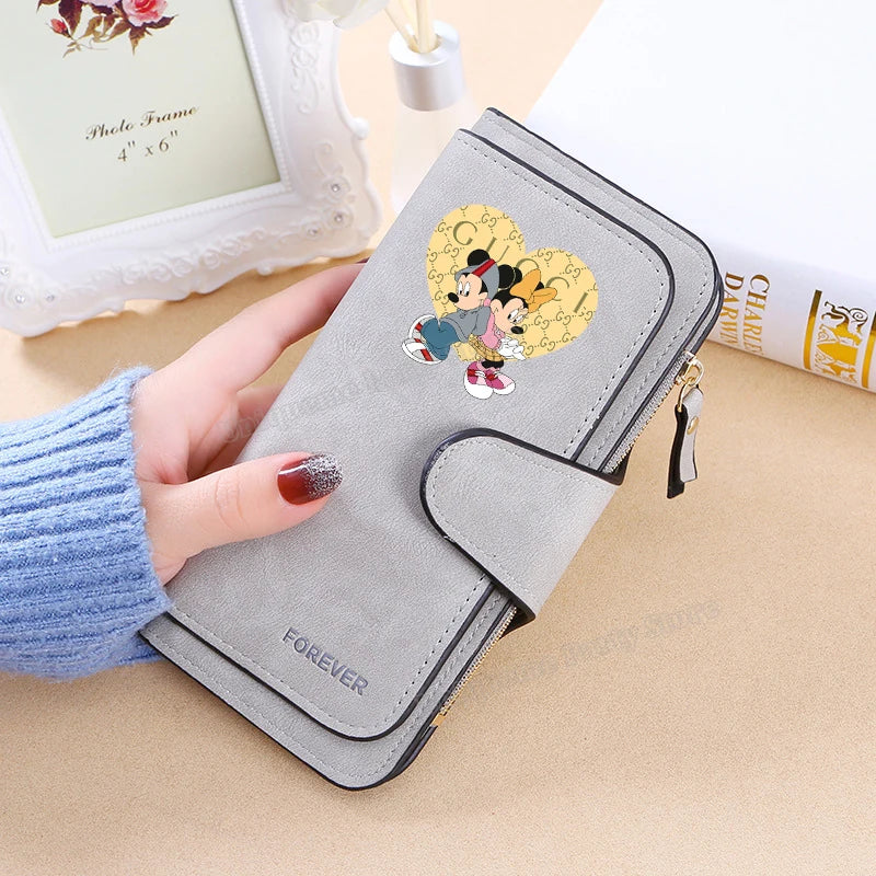 Mickey Minnie Mouse Pu Leather Wallet Women Zipper Frosted Coin Purse Ladies Credit ID Card Holder Disney Versatile Long Wallet